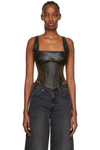 MISBHV: Brown Cracked Faux-Leather Corset Camisole | SSENSE