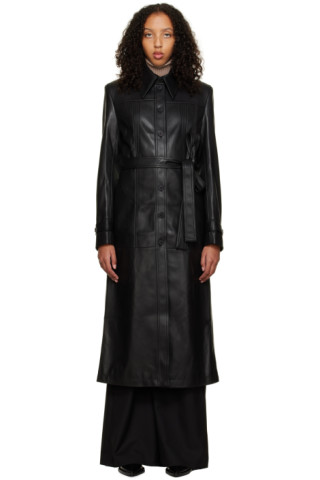 Black Belted Faux-Leather Trench Coat by Olēnich on Sale