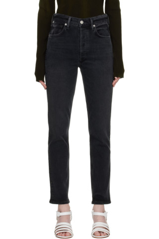 Black High Rise Straight Jeans by Citizens of Humanity on Sale