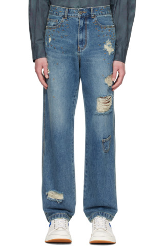 Blue Embroidered Jeans by ADER error on Sale