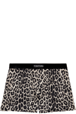 Tom Ford Leopard Print Stretch Silk Boxers in Ink at Nordstrom, Size X-Large