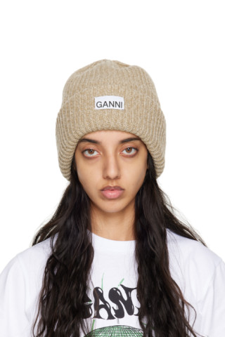 GANNI: Beige Rib Beanie | SSENSE