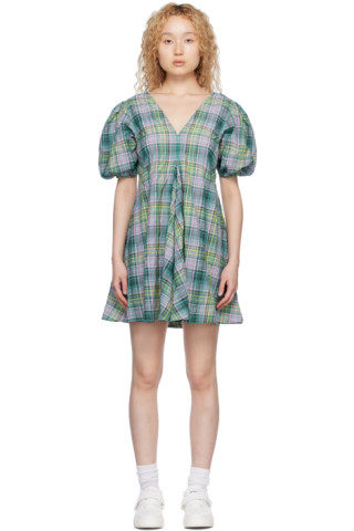 【Ganni】グリーン コットン ミニシャツワンピース チェック Green Check Minidress by GANNI on Sale