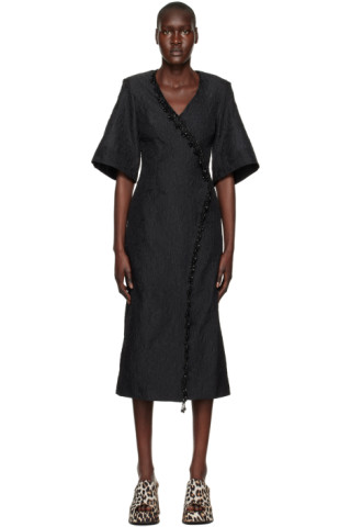 GANNI: Black Beaded Fringe Midi Dress | SSENSE