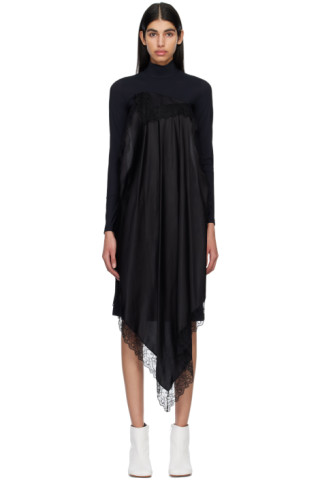 Black Spliced Long Sleeve Midi Dress by MM6 Maison Margiela on Sale