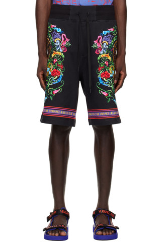 Black V-Emblem Garden Shorts by Versace Jeans Couture on Sale