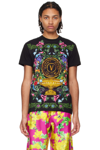 Versace Jeans Couture: Black V-Emblem Garden T-Shirt | SSENSE