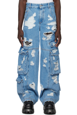 GCDS: Blue Ripped Denim Cargo Pants | SSENSE