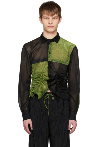Black & Green Shirred Shirt by Tokyo James on Sale