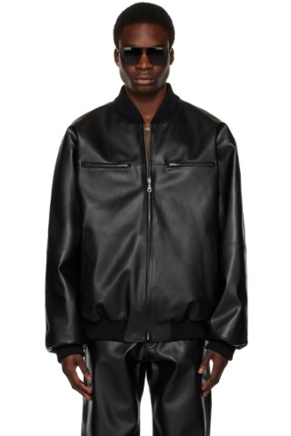 LU'U DAN: Black Reversible Faux-Leather Bomber Jacket