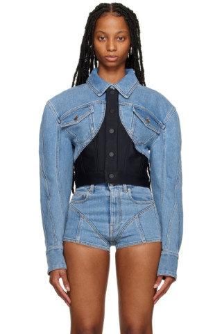 Mugler: Blue Cropped Denim Jacket | SSENSE