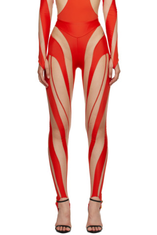 Red & Beige Spiral Leggings by Mugler on Sale
