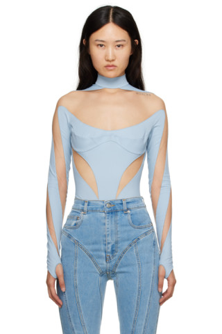 Blue & Beige Illusion Bodysuit by Mugler on Sale