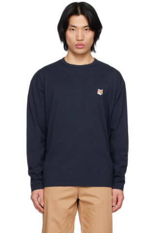 Navy Fox Head Long Sleeve T-Shirt by Maison Kitsuné on Sale