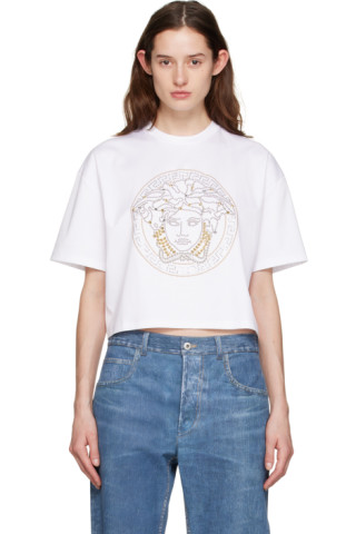 Versace: White Studded Medusa T-Shirt | SSENSE