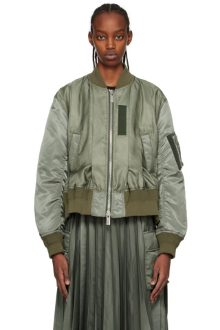 sacai: Khaki Pleated Bomber Jacket | SSENSE