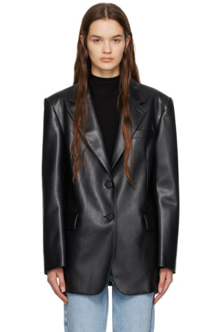 DRAE: Black Oversized Faux-Leather Blazer | SSENSE Canada