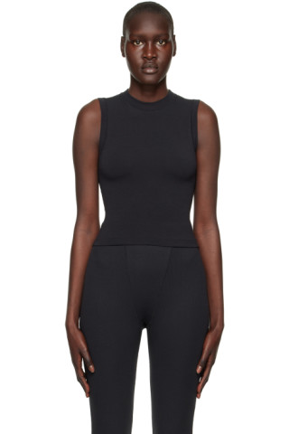 SKIMS: Black Cotton Jersey Mock Neck Tank Top | SSENSE