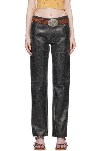 GUESS USA: Black Cracked Leather Pants | SSENSE Canada