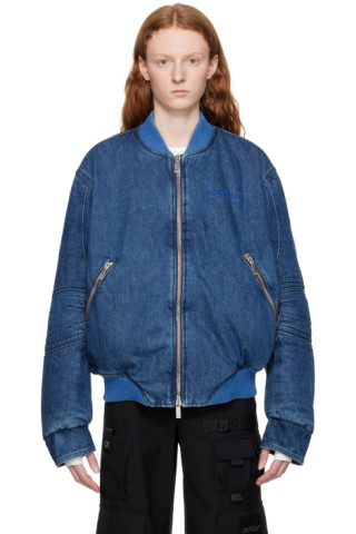 Blue Paneled Denim Bomber Jacket by Off-White on Sale