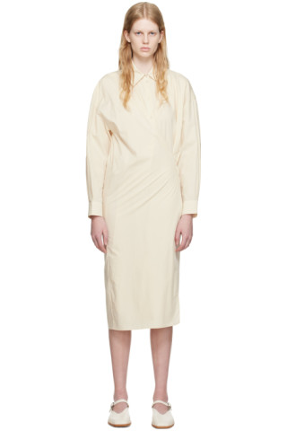 Off-White Straight Collar Twisted Midi Dress by LEMAIRE on Sale
