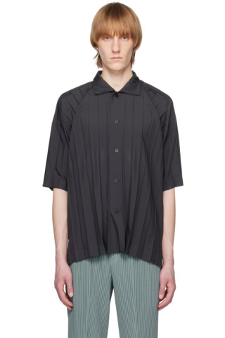 Pleats Please Issey Miyake Spread Collar Pleated Shirt in Gray