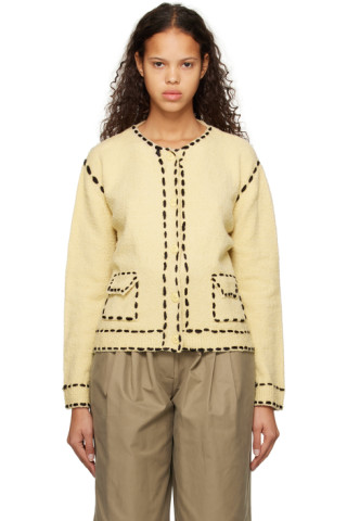OPEN YY: Beige Contrast Stitched Cardigan | SSENSE