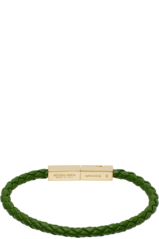 Bottega Veneta Braided Leather And Gold-plated Bracelet In Green