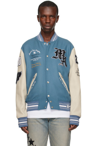 Blue Oversized Varsity Bomber Jacket by AMIRI on Sale