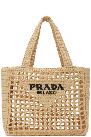 Small Logo Raffia Tote in Beige - Prada