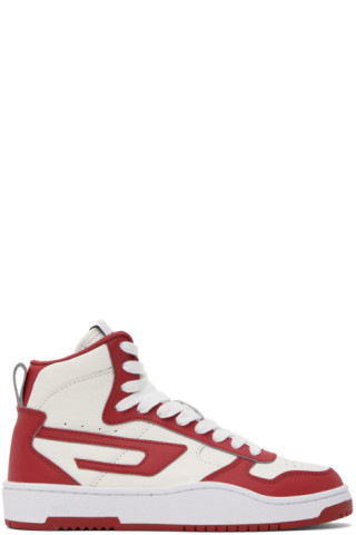 Diesel: White & Red S-Ukiyo V2 Mid Sneakers | SSENSE