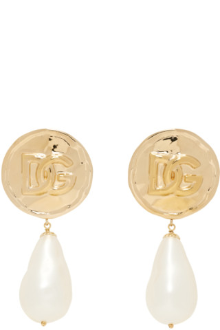 Dolce & Gabbana: Gold & White DG Logo Drop Earrings | SSENSE