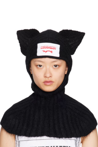 Black Chunky Ears Beanie by Charles Jeffrey LOVERBOY on Sale