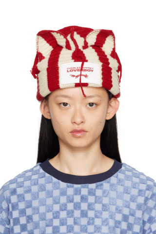 Red & Off-White Striped Ears Beanie by Charles Jeffrey LOVERBOY on Sale