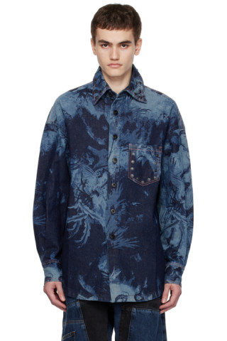 Blue Printed Denim Shirt by Feng Chen Wang on Sale