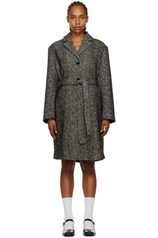 Black & White Herringbone Coat by GANNI on Sale