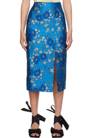 GANNI: Blue Floral Midi Skirt | SSENSE