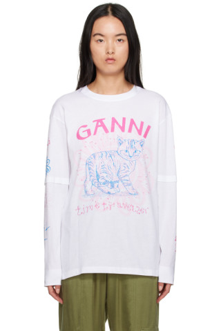 White Printed Long Sleeve T-Shirt by GANNI on Sale