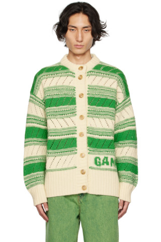 Off-White Striped Cardigan by GANNI on Sale