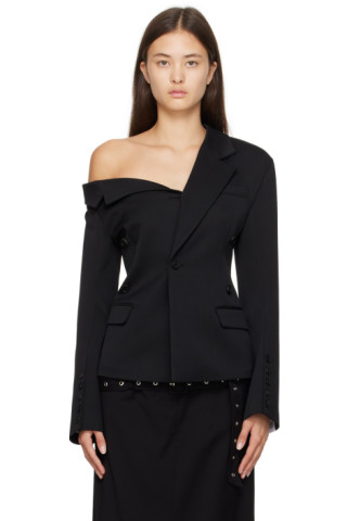 Black Asymmetric Collar Blazer by Rokh on Sale