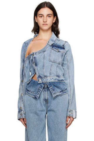 Blue Asymmetric Denim Jacket by Rokh on Sale