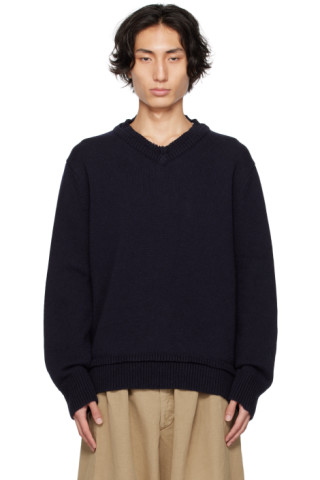 Navy Elbow Patch Sweater by Maison Margiela on Sale Navy Elbow Patch Sweater by Maison Margiela on Sale