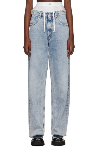 Indigo & White Layered Jeans by MM6 Maison Margiela on Sale