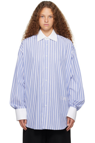 MM6 Maison Margiela: Blue & White Striped Shirt | SSENSE