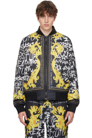 Black Graffiti Bomber Jacket by Versace Jeans Couture on Sale