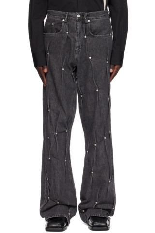 Black Multi Rivet Jeans by KUSIKOHC on Sale