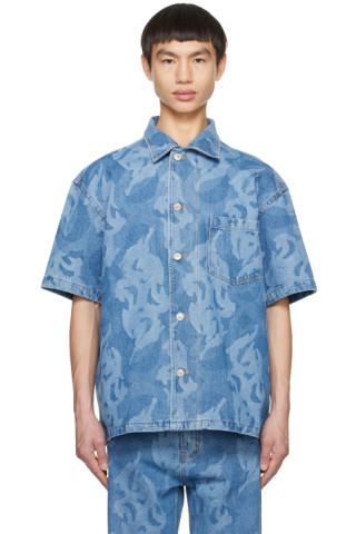 Blue Graphic Denim Shirt by KUSIKOHC on Sale