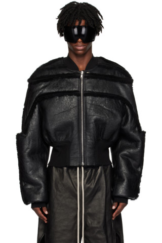 Black Girdered Shearling Bomber Jacket by Rick Owens on Sale