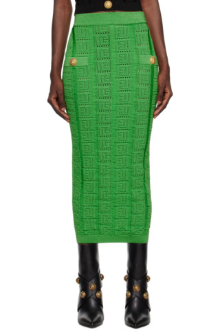 ワンピース BALMAIN Women Mid Skirts DF1R8053KG59UIH GREEN Green Monogram Midi Skirt by Balmain on Sale
