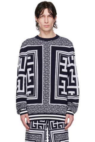 Balmain: White & Navy Monogram Sweater | SSENSE